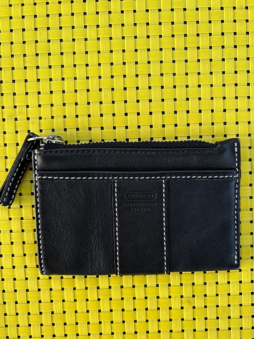 Coach Black Leather Zip Card Case with White Contrast Stitching